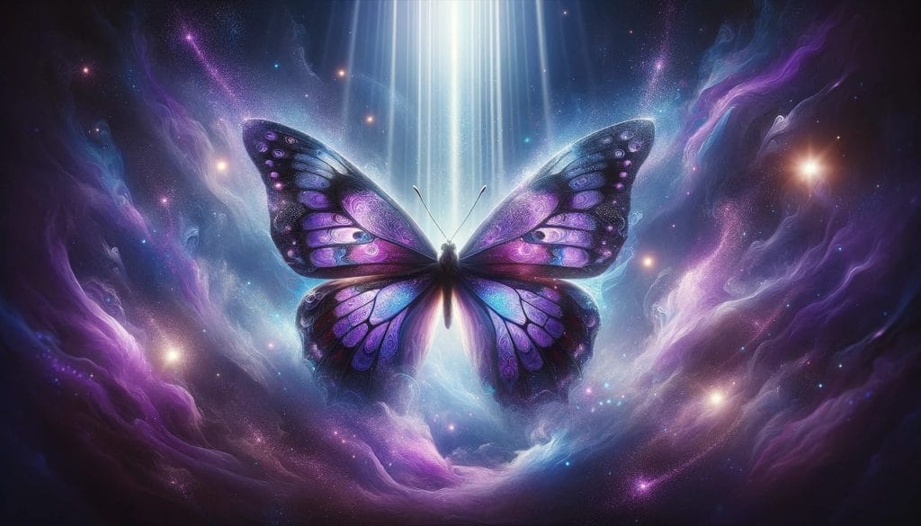 "Papillon cosmique aux ailes irisées s'élève dans un espace étoilé mystique, lumière divine."