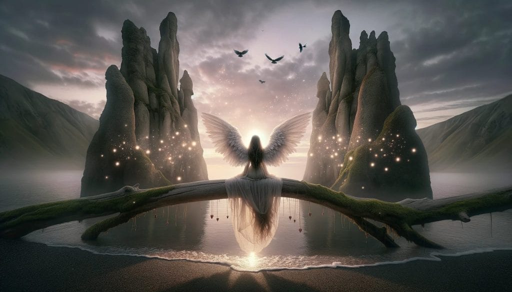 Une silhouette angélique se tient sur un tronc d'arbre au-dessus d'un miroir d'eau. Des montagnes rocheuses imposantes encadrent la scène avec des oiseaux qui planent.